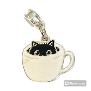 Black Cat European Bracelet Charm Pendant Enamel Coffee Cup Halloween Cat Lady